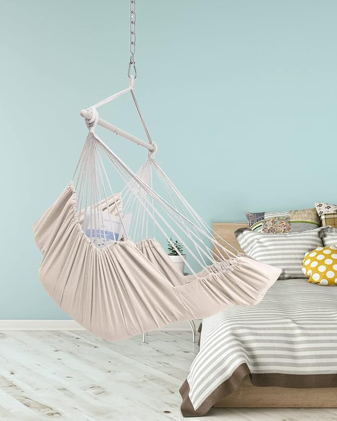 Miztli Hammock Chair Hanging Chair Swing for Bedroom with Foot Rest, Max 500 Lbs, Steel Spreader Bar with Anti-Slip Rings-2 Cushions Included-Indoor and Outdoor