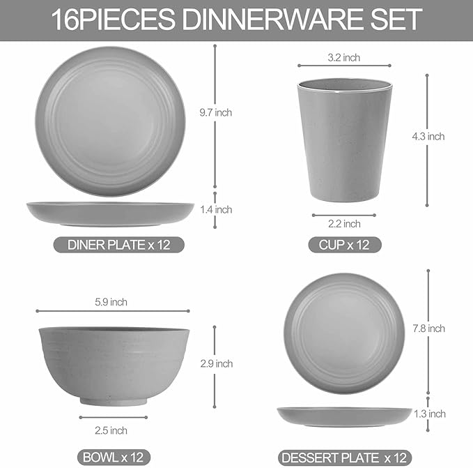 LIYH 48 Pcs Grey Plastic Wheat Straw Dinnerware Set - Plates and Bowls Sets, Camping Dish Set for 12, Unbreakable Dishwasher Safe Wheat Straw Plates Bowls Reusable 12 Guests