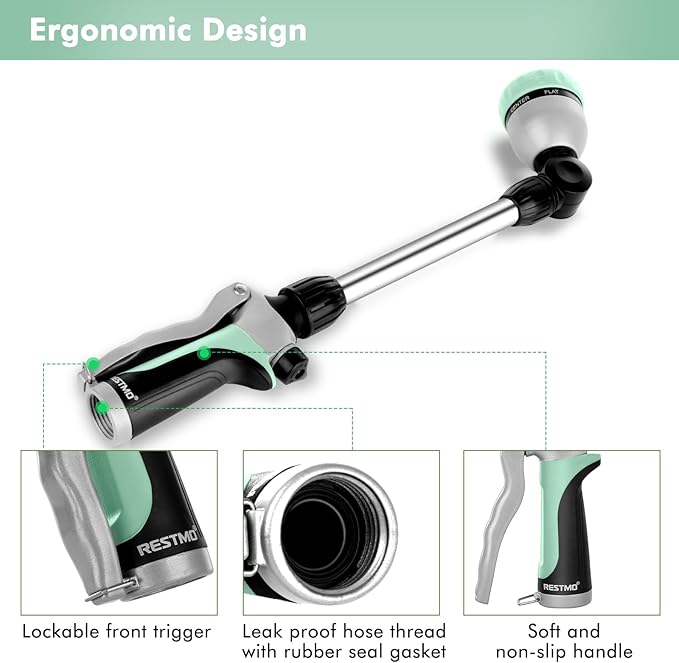 RESTMO Metal Watering Wand, Heavy Duty Garden Hose Wand with 180° Swivel Ratcheting Head, 16'' Hose Nozzle Sprayer with 7 Spray Patterns and Flow Control, for Water Hanging Baskets and Shrubs, Cyan