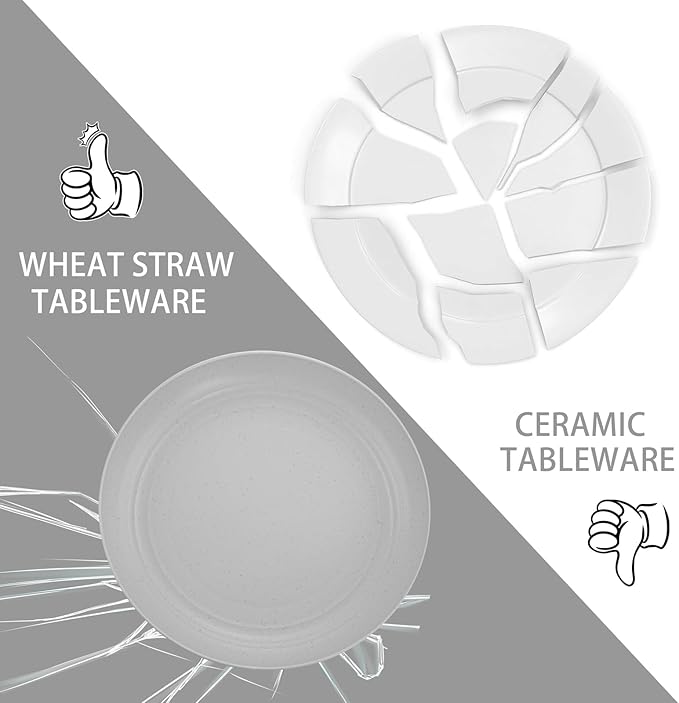 LIYH 48 Pcs Light Grey Plastic Wheat Straw Dinnerware Plates and Bowls Set,Camping Dish Set for 12, Dishwasher Safe Dinnerware Sets, Unbreakable Plates,Camping Dish Sets