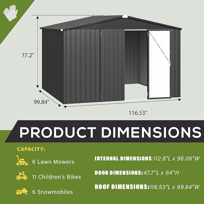 U-MAX 10' x 8' Storage Metal Shed, Dark Grey Large Outdoor Sheds & Outdoor Storage Clearance 8x10, Lockable Garden Shed, Utility and Tool Storage for Garden, Backyard, Patio and Outside Use