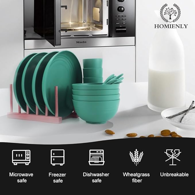 Wheat Straw Dinnerware Sets, Homienly 20pcs Unbreakable Microwave Dishwasher Safe Tableware Lightweight Bowls, Cups, Plates Set Reusable Dinner Plates Bowls set (Green)