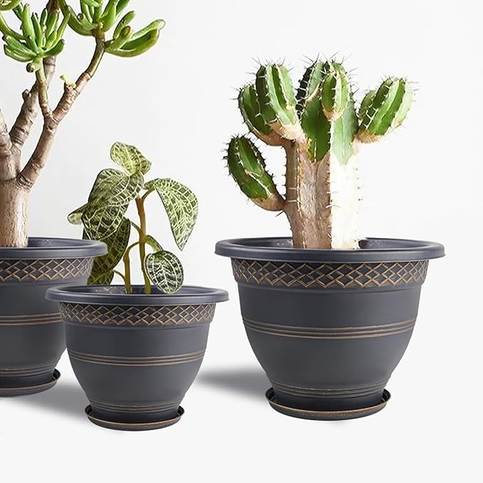 4 Pack 12 Inch Large Plant Pots, Plastic Flower Pot for Indoor & Outdoor with Drainage Holes & Saucer, Plaid Pattern Planters Garden Pots for Herbs