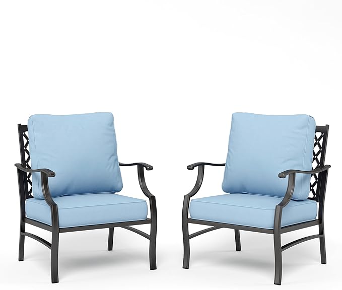 Metal Patio Chairs Set of 2 with 5.75" Extra Thick Cushion, 2 Pieces High Back Outdoor Patio Chairs All Weather Outdoor Furniture Seating for Deck Backyard Balcony Front Porch, Blue