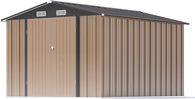 Patiowell 8x10 FT Outdoor Storage Shed, Large Garden Tool Metal Shed with Sloping Roof and Double Lockable Door, Outdoor Shed for Backyard Garden Patio Lawn, Brown