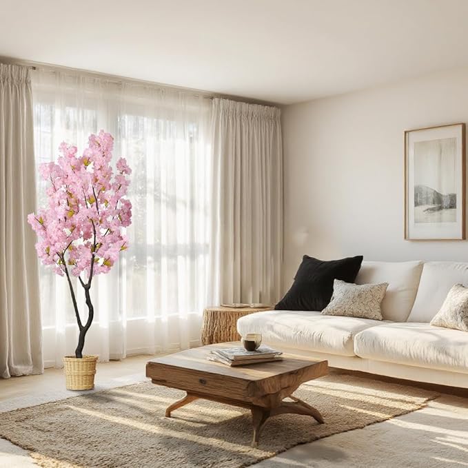 Artificial Pink Cherry Blossom Tree 6.5ft(78in) Faux Japanese Sakura Indoor Decor Handmade Natural Fake Cherry Flowers Tree for Home Realistic Pink Plant in Pot for Living Room,Office,Outdoor Decor