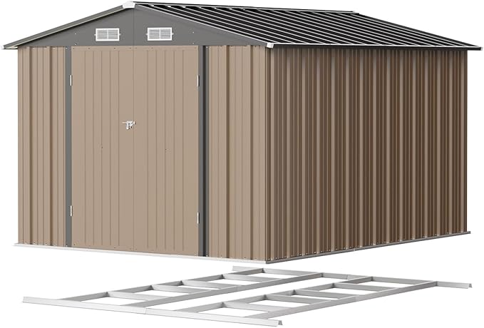 Patiowell 8x10 FT Outdoor Storage Shed with Floor Frame, Large Garden Tool Metal Shed with Sloping Roof and Double Lockable Door, Outdoor Shed for Backyard Garden Patio Lawn,Brown