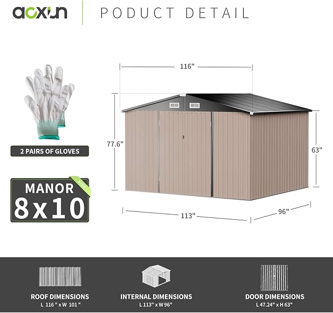Aoxun 10 x 8FT Outdoor Storage Shed with Double Hinged Large Door Utility Garden Shed with Lockable Door & Sloped Roof Metal Sheds Outdoor Storage for Garden, Backyard, Patio and Backyard, Brown