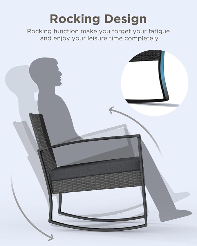 3 Pieces Patio Furniture Set Rocking Bistro Set, Outdoor Patio Furniture Set with Coffee Table for Garden Balcony Backyard Poolside (Black Cushion)