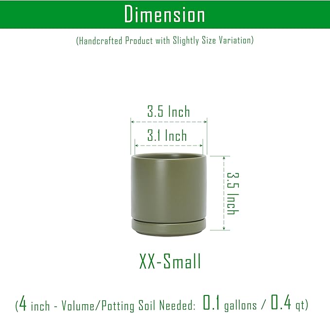D'vine Dev Set of 2 Plants Pots, 3.5 Inch Ceramic Planter Pot for Plants with Drainage Hole and Saucer, Olive, 94-V-A-J
