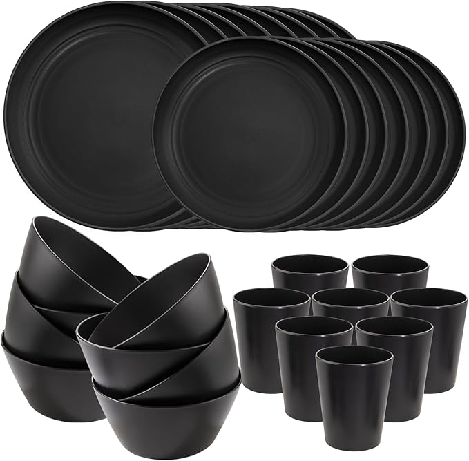 LIYH 48 Pcs Black Wheat Straw Plates and Bowls Dinnerware Set Camping Dish Set for 12,Plastic Plates and Bowls,Dishwasher Safe Dinnerware Set,Unbreakable Plastic Camper Dish Sets