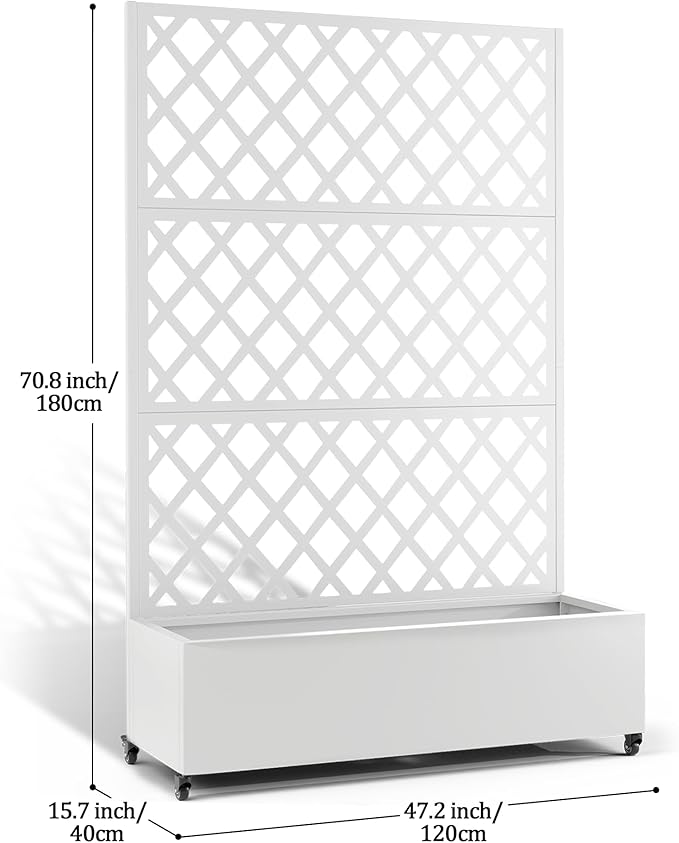 Metal Planter Box with Trellis, Planter Box with Privacy Screen, Privacy Trellis Outdoor for Climbing Plants with Drainage Holes, Raised Garden Bed with Wheels