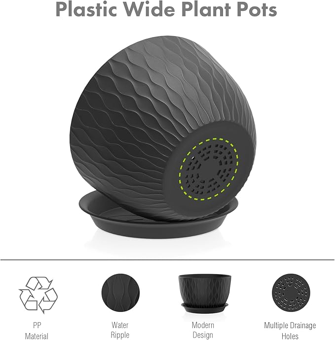 12/10/9 inch Large Plant Pots, 3 Pack Wide Flower Pots for Outdoor Indoor Plants with Water Ripples, Big Plastic Planters with Drainage Holes and Saucers for Garden House Plants, Black