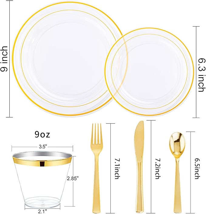 WELLIFE 600pc Gold Trim Plastic Dinnerware Set for Party: 100 Dinner Plates, 100 Dessert Plates, 300 Cutlery