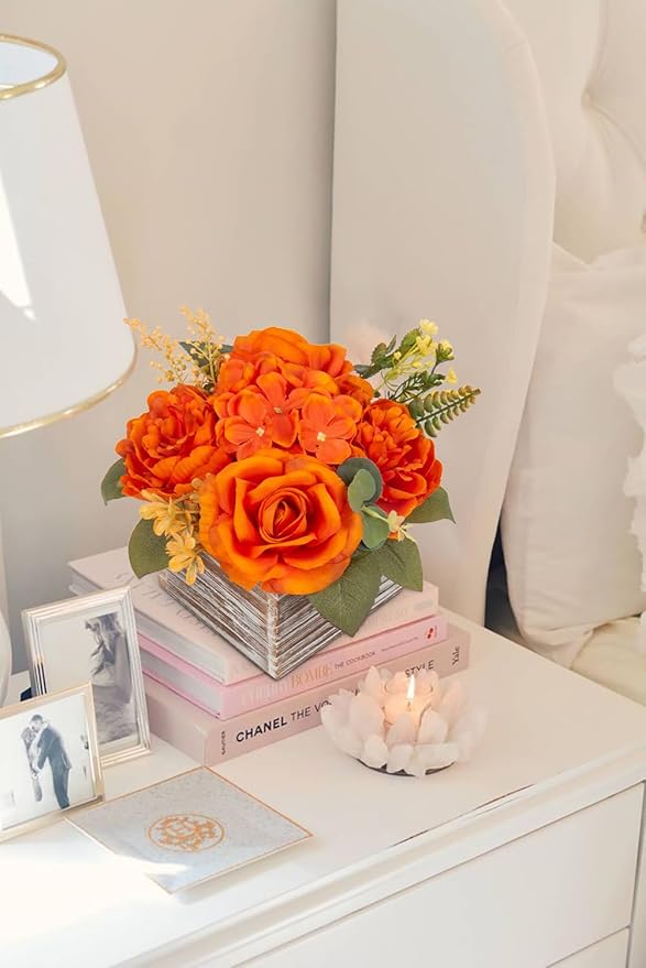 Flower Arrangement with Wooden Vase 8" Artificial Flowers in Pot - Fake Flowers Roses Peonies Hydrangeas in Wooden Vase Potted Artificial Flower Centerpieces for Table Decor Living Room - Burnt Orange