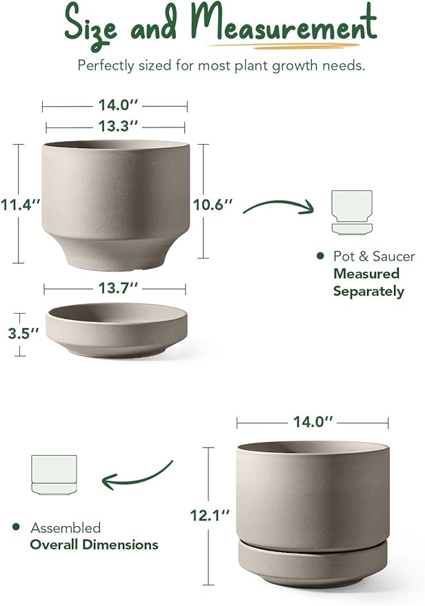 LE TAUCI Large 14 Inch Plant Pot with Saucer | Ceramic Outdoor & Indoor Big Planter Pot | Drainage Hole, Mesh Pad & Plug | Unglazed Porous | Modern Minimalist for Home and Patio – Neutral Gray