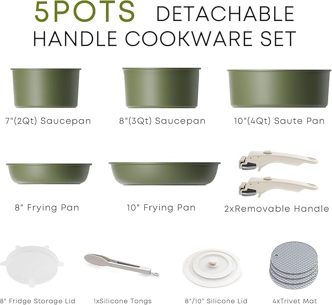 Caannasweis Detachable Nonstick Cookware Set - Stackable Induction Pots and Pans With Removable Handles, Dishwasher Safe - For RV Camping, Oven and Stovetop Use, 5 Pieces (Green)