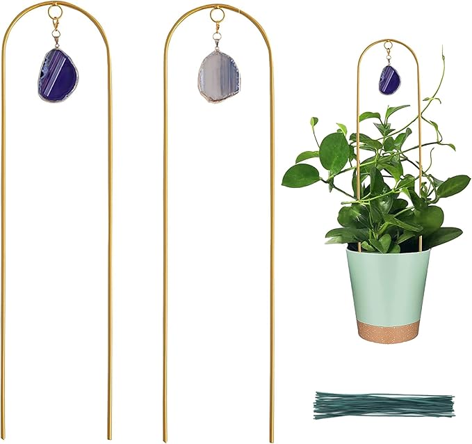 2 Pcs 16 Inch Arch Trellis with Agate and Moon Phase Trellis for Climbing Plants Gold Trellis for Potted Plants Indoor Trellis for Climbing Plants Support Small House Plant Trellis for Hoya,Flower