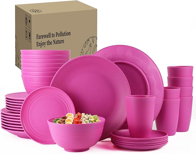 40-Piece Kitchen Plastic Wheat Straw Dinnerware Set, Dish Set for 8, Dinner Plates, Dessert Plate, Cereal Bowls, Cups, Appetizer Plates,Unbreakable Plastic Outdoor Camping Dishes,Pink