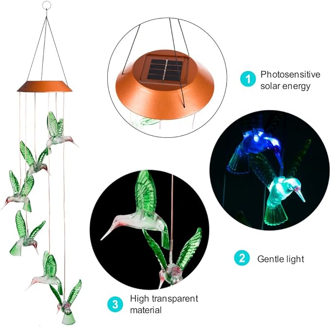 LED Solar Hummingbird Wind Chimes Outdoor - Waterproof Mobile Changing Light Color Wind Chime, Six Hummingbirds LED Wind Chimes for Home, Xmas Mom Gifts, Party, Festival Decor, Night Garden Decoration