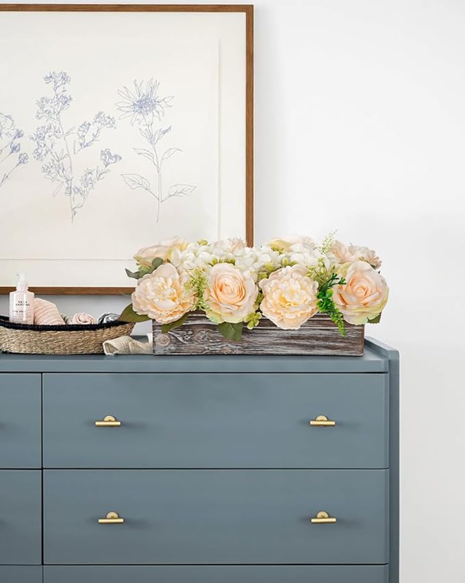 DILATATA Flower Arrangement with Wooden Vase 14" Artificial Flowers in Pot - Fake Flowers Roses Peonies Hydrangeas in Wooden Vase Potted Flower Centerpieces for Table Decor Living Room - Pale Yellow