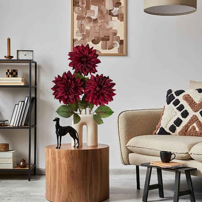 Hollyone 3Pcs Dark Red Fake Dahlia Flowers Fall Flowers Artificial for Decoration Silk Flower with Long Stem 28" Floral Arrangements Bouquets Autumn Faux Dahlias Centerpieces Fall Decorations for Home