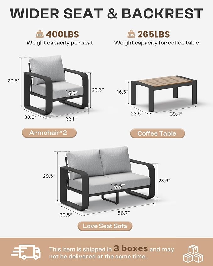 Aluminum Outdoor Patio Furniture Set 4 Piece, Oversized Patio Conversation Sets Widened Armrest & Ultra-Thick Cushions, Deep Seating Modern Sectional Furniture for Backyard, Deck, Gray
