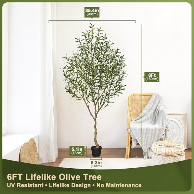 Olive Tree Artificial – 6ft Faux Olive Tree with UV Resistant Leaves - Tall Fake Plant in Pot, Large Floor Plants for Indoor & Outdoor, Living Room, Office, Modern Home Decor, VN126