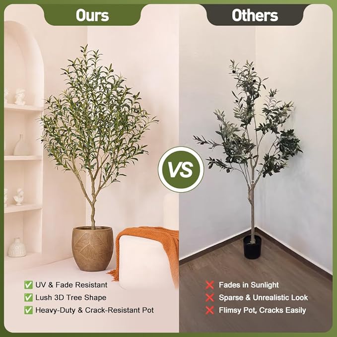 Olive Tree Artificial – 6ft Faux Olive Tree with UV Resistant Leaves - Tall Fake Plant in Pot, Large Floor Plants for Indoor & Outdoor, Living Room, Office, Modern Home Decor, VN126