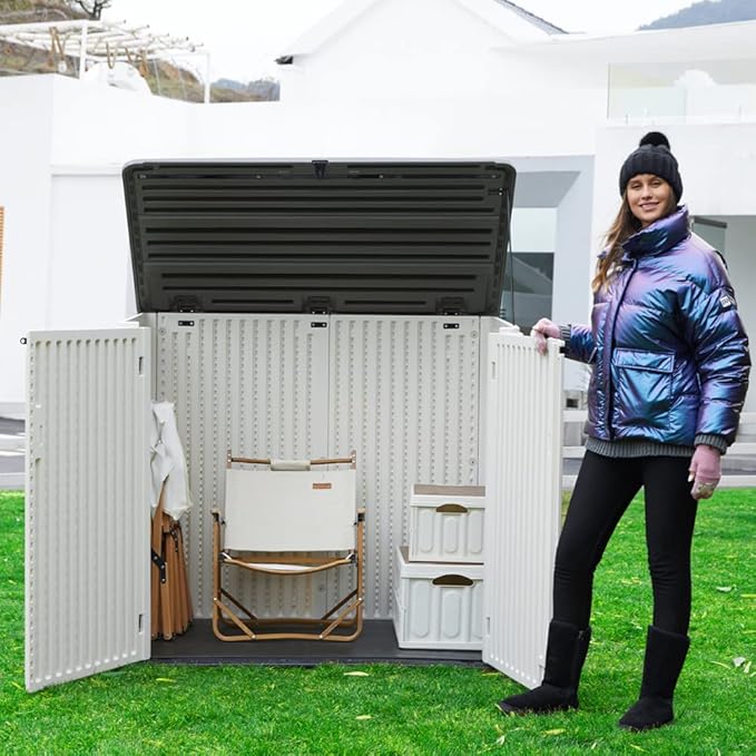 Large Horizontal Storage Sheds,38 cu.ft. Outdoor Storage Box for Garden,Patio and Backyard,Customized Shelves &Lockable(Off White)