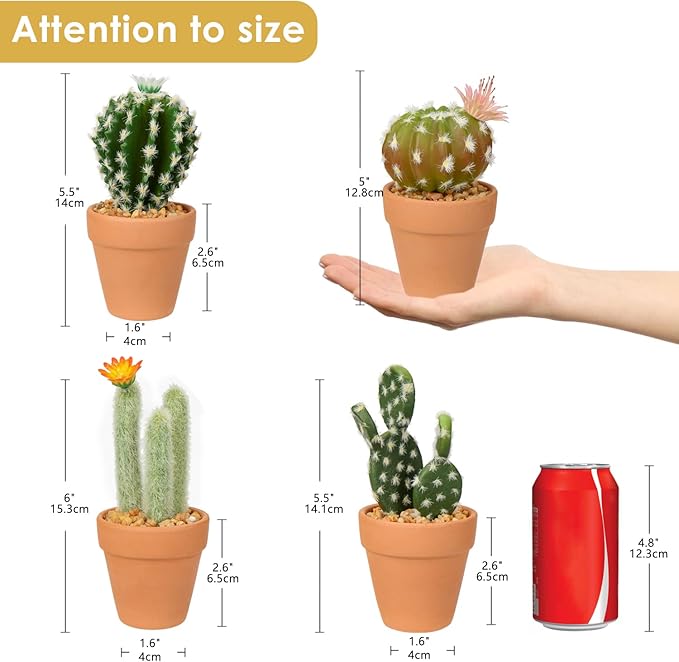 Mini Artificial Cactus Plants in Terracotta Pots 4 Pcs Potted Faux Succulents in Pots Fake Potted Plants Cactus Decor Small Artificial Plants for Home Decor Indoor Office Desk Tabletop Shelf