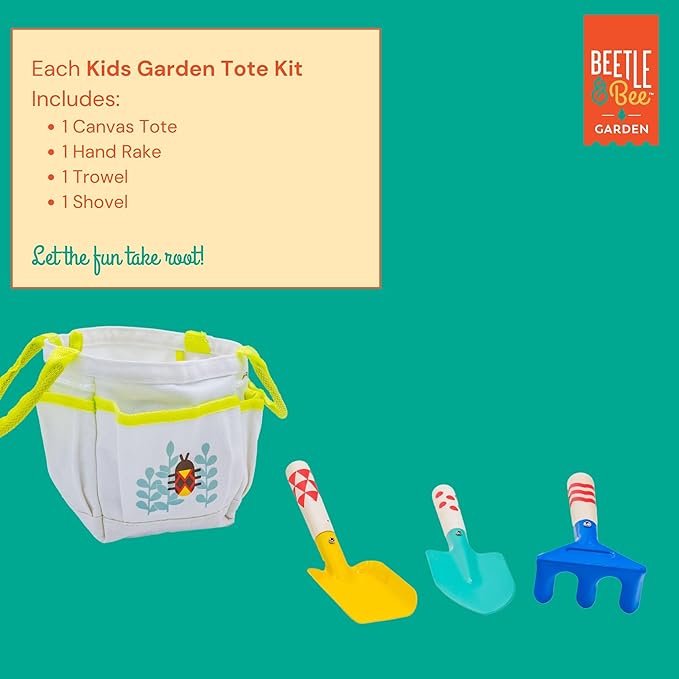 Beetle & Bee Kids Garden Tote Kit – Durable, Easy-to-Clean Gardening Tools Set - Includes Canvas Tote Bag, Hand Rake, Shovel & Trowel - Perfect Toddler Gardening Set