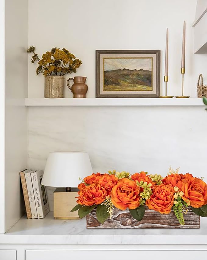 DILATATA Flower Arrangement with Wooden Vase 14" Artificial Flowers in Pot - Fake Flowers Roses Peonies Hydrangeas in Wooden Vase Potted Flower Centerpieces for Table Decor Living Room - Burnt Orange