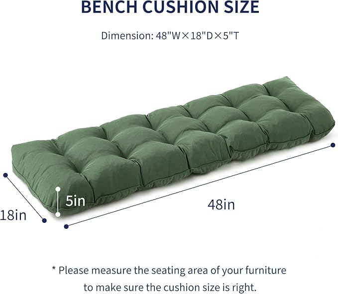 Outdoor Bench Cushion, 48x18x5 Inch, Waterproof Bench Cushion for Outdoor/Indoor Furniture, Tufted Patio Bench Seat Cushion, Fade Resistant Outdoor Cushions for Porch Swing Couch, Dark Green