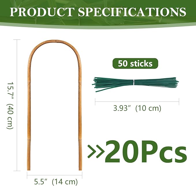 20 Pack Bamboo Trellis, Natural Bamboo Plants Trellis U-Hoop, 16" Garden Trellis with Twist Ties, Bamboo Trellis U-Shape for Climbing Plant Support, Small Potted Plant Trellis for Indoor