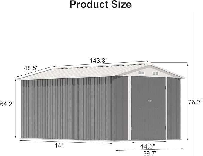 Patiowell 12 x 8 FT Outdoor Storage Shed, Steel Shed Storage House with Design of Lockable Doors, Utility and Tool Storage for Garden, Patio, Backyard, Outside use, Gray