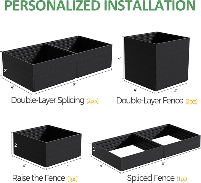 4x4x2ft Raised Garden Beds Outdoor, Divisible Elevated Planter Boxes for Gardening with Easy Assembly, Outdoor Raised Beds for Planting Plants Vegetables Flowers Herb Fruits, Square Black