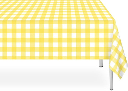 3 Pack Yellow and White Checkered Tablecloth, Yellow Plastic Table Cloths for Parties Disposable, 54 x 108 inch Waterproof Yellow Gingham Camping Tablecloth for Birthday, Party, Picnic, School