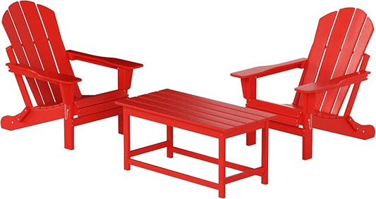 WO Home Furniture Adirondack Chairs Table Set of 3 PCS Outdoor Folding Chairs Coffee Table Weather/UV Resistant for Lawn, Garden, Bon Fire, Balcony (Red)