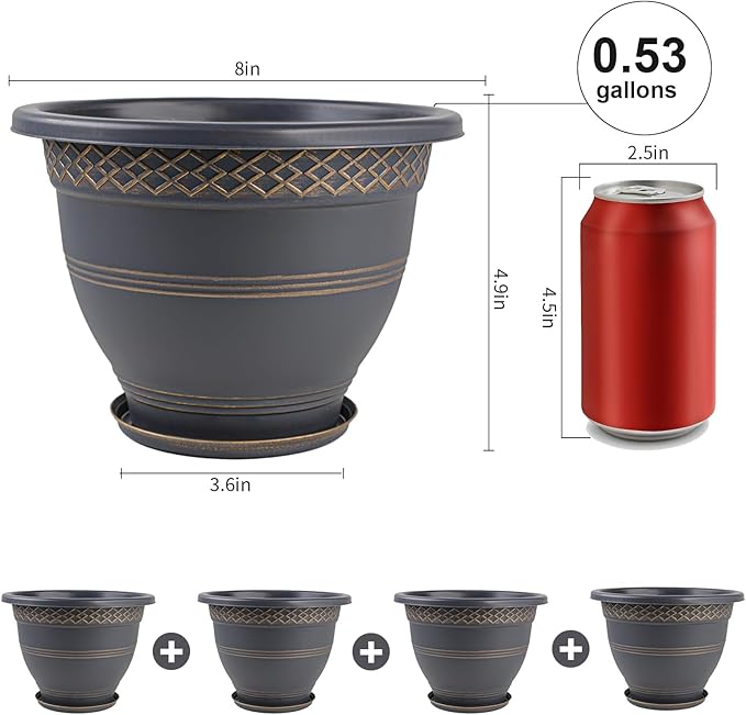 6 Pack 8 Inch Plant Pots, Plastic Flower Pot for Indoor & Outdoor with Drainage Holes & Saucer, Plaid Pattern Planters Garden Pots for Herbs