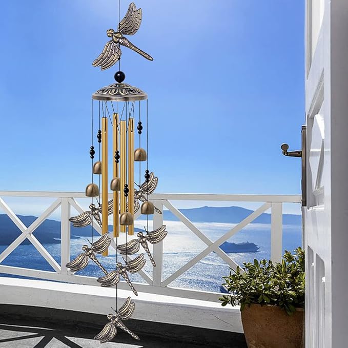 Garden Dragonfly Wind Chimes Outdoor Decor - With 4 Tubes 6 Bells 7 Dragonflies Mobile Romantic Wind Catcher, Dragonfly Windchimes for Home, Xmas Mom Gifts, Festival, Balcony, Garden Decoration