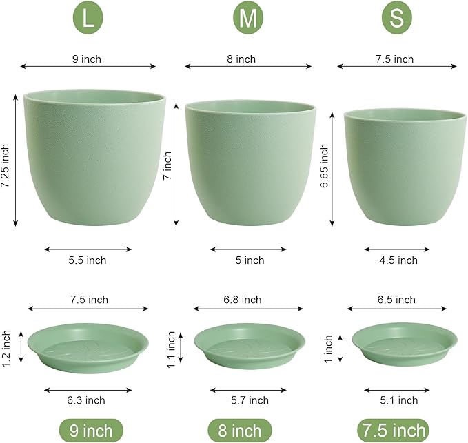 Modern Plant Pots Set, 9/8/7.5 inch Plastic Planters for Indoor Plants, Stylish Flower Pots with Drainage Holes and Saucers for House Plants and Flowers, Green