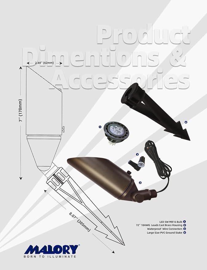 MALORY Brass Landscape Spotlight 6-Pack with 5W LED MR16 Bulb Kit(S03), 12V AC/DC Low Voltage Outdoor Landscape Lighting Shroud Adjustable,Ground Stake and Wire Connector Included,2700K Warm White