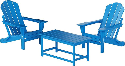 WO Home Furniture Adirondack Chairs Table Set of 3 PCS Outdoor Folding Chairs Coffee Table Weather/UV Resistant for Lawn, Garden, Bon Fire, Balcony (Pacific Blue)