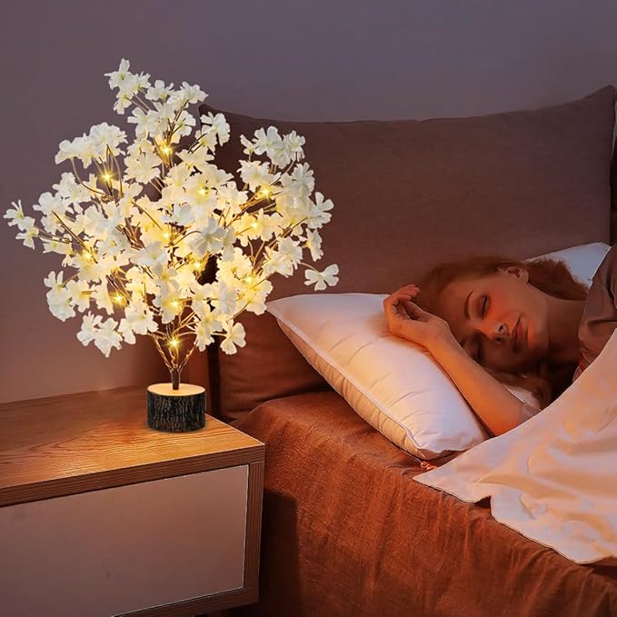 Lighted Cherry Blossom Tree Artificial, 19 Inch Faux Bonsai Tree Japanese Decor, Battery Operated Floral Desktop Tree for Indoor Home Spring Summer Easter,White