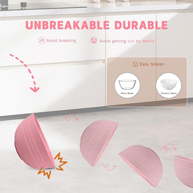 Kitchen Wheat Straw Dinnerware Sets (33pcs) Attached cleaning brush,Service For 8,Plastic Plates and Bowls Sets,Unbreakable Dinnerware,Lightweight Plastic Plate Set (pink)