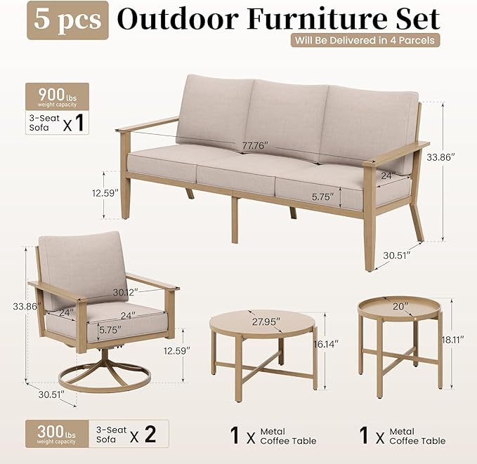 Patio Conversation Set,5 Pcs Metal Outdoor Furniture with 3-Seater Sofa,2 Swivel Chairs,Metal Nested Table and 5.75" Extra Thick Cushion for Lawn Garden Backyard,Beige