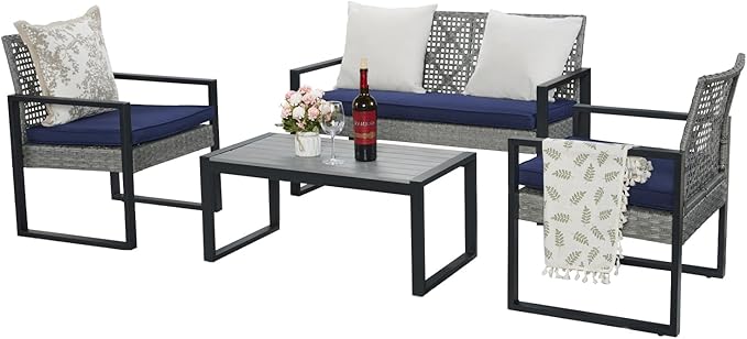 BEEFURNI Wicker Patio Furniture Outdoor Conversation Set of 4, Acacia Wood Table, 2 Rattan Chairs, 1 Loveseat, 2” Cushions, All-Weather, Easy Assembly, 1-Year Manufacturer Warranty (Gray)