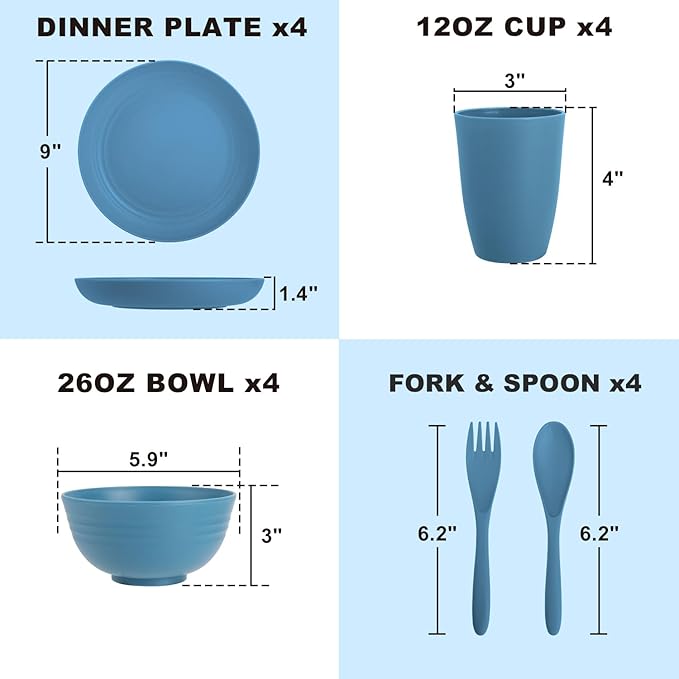 Premium Wheat Straw Dinnerware Sets for 4, Reusable Plastic Dinner Plates, Unbreakable Plates and Bowls Sets 20-Piece, Dishwasher & Microwave Safe - Blue