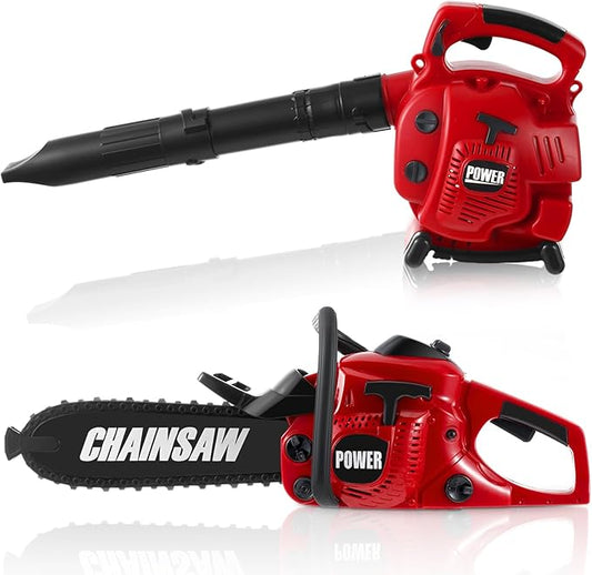 2 Pcs Toy Gardening Tool Set for Kids Leaf Blower, Toy Chainsaw Battery Powered Gardening Tool Set with Lights and Sounds Gift for Boys Girls